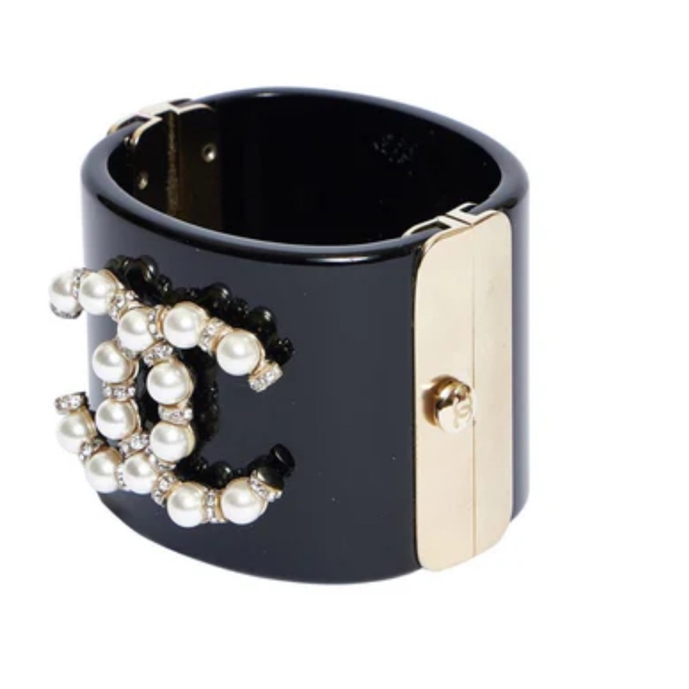 Chanel Black Pearl and Crystals Logo Cuff Bracelet